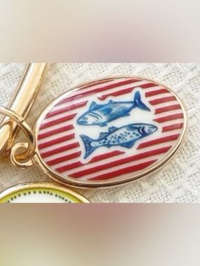Enamel Fish Pendant Necklace - Blue & Red Striped Oval